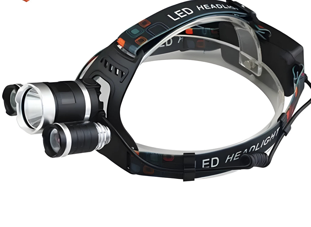 Aluminium alloy rechargeable headlight with adjustable headband and rotating LED light unit.