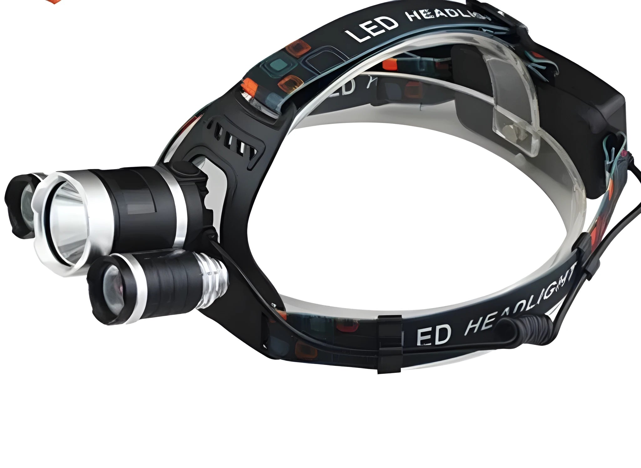 Aluminium alloy rechargeable headlight with adjustable headband and rotating LED light unit.