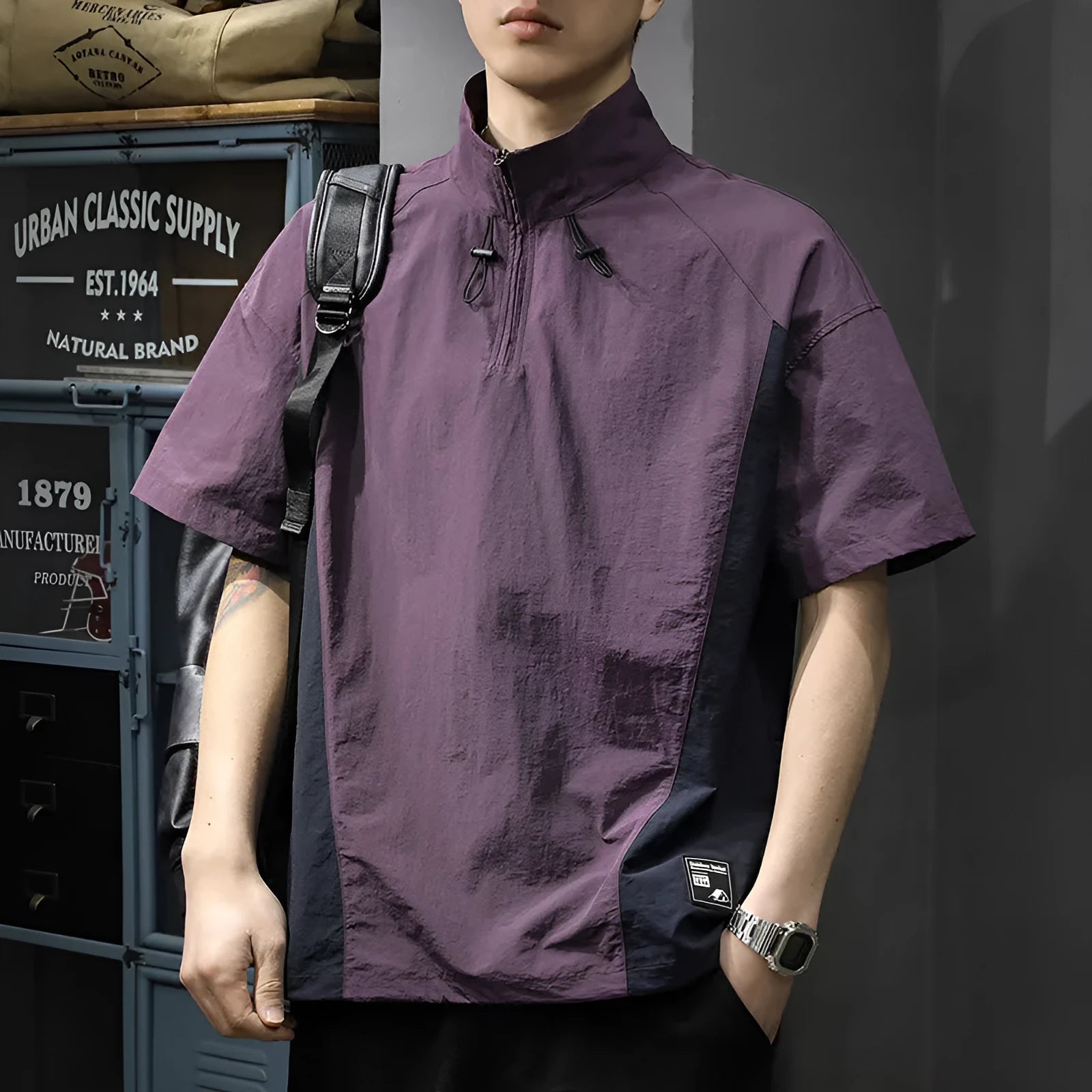 Men's brown half-zip stand collar business casual shirt with short sleeves