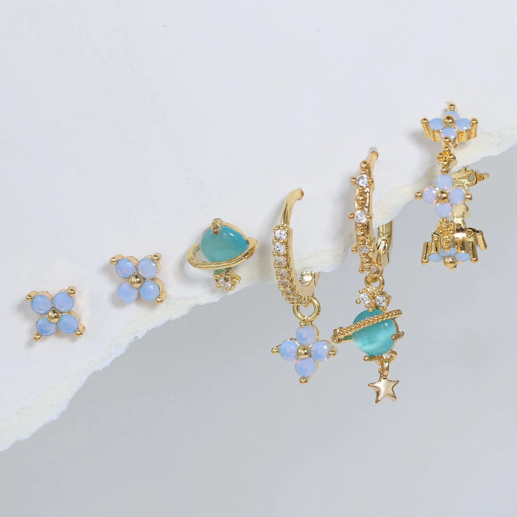 Japanese Korean style floral ear studs with zircon mosaic design in gold and silver colour options