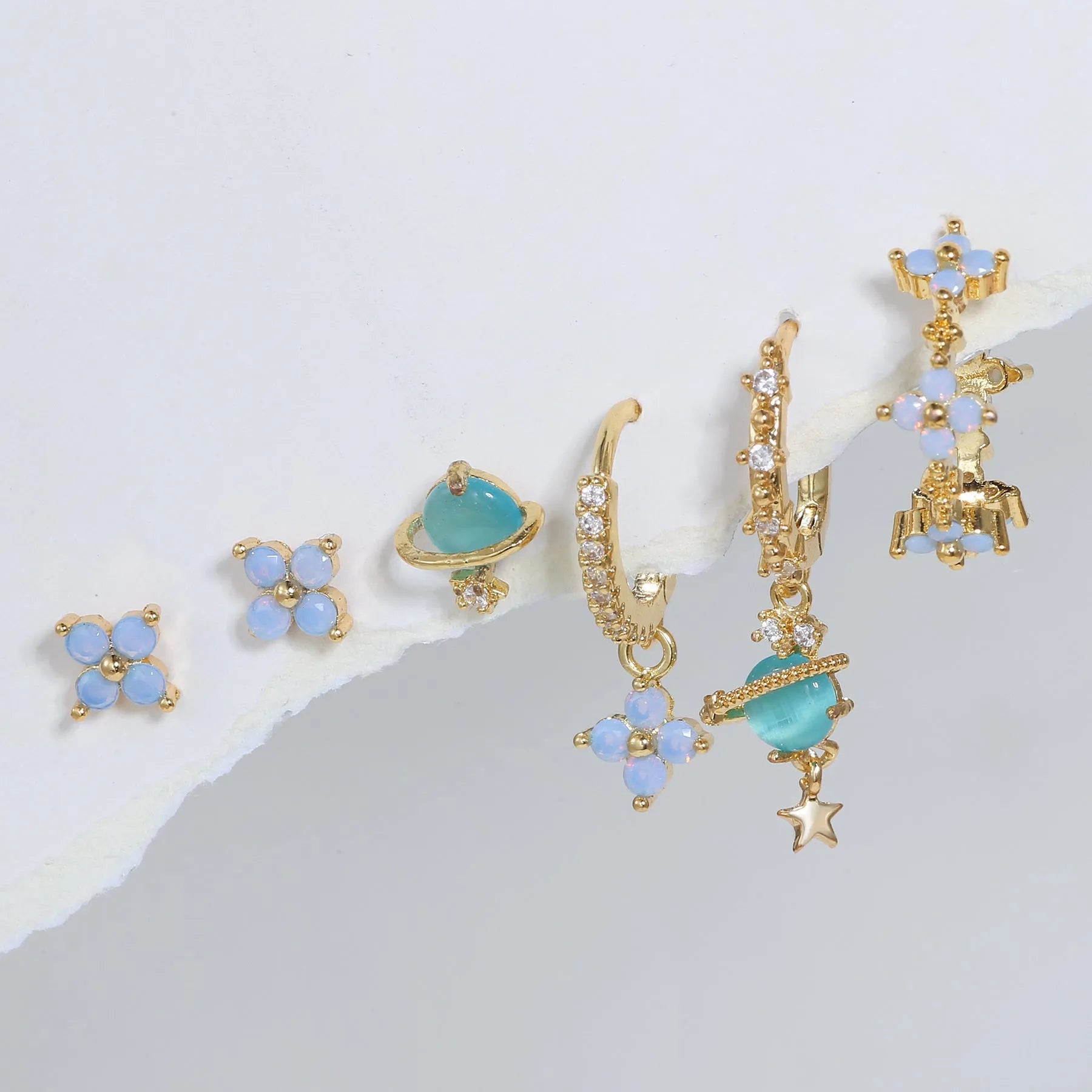 Japanese Korean style floral ear studs with zircon mosaic design in gold and silver colour options