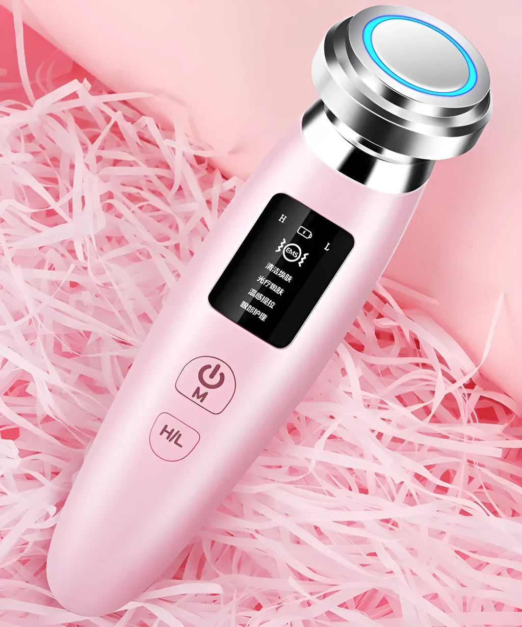 Pink skin rejuvenation cleansing beauty instrument with ion and EMS technology, 185x50x35mm