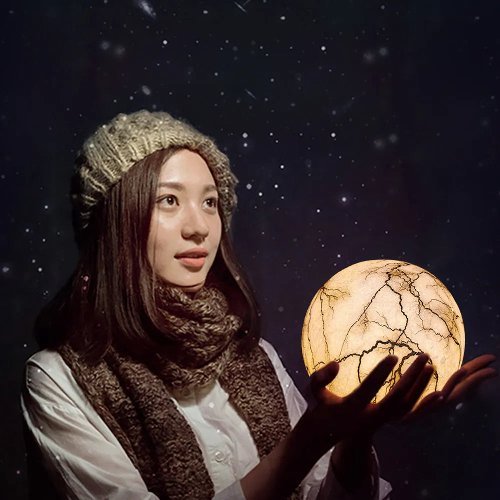 3D painted moon LED night light in 15cm size with warm glow on wood bracket