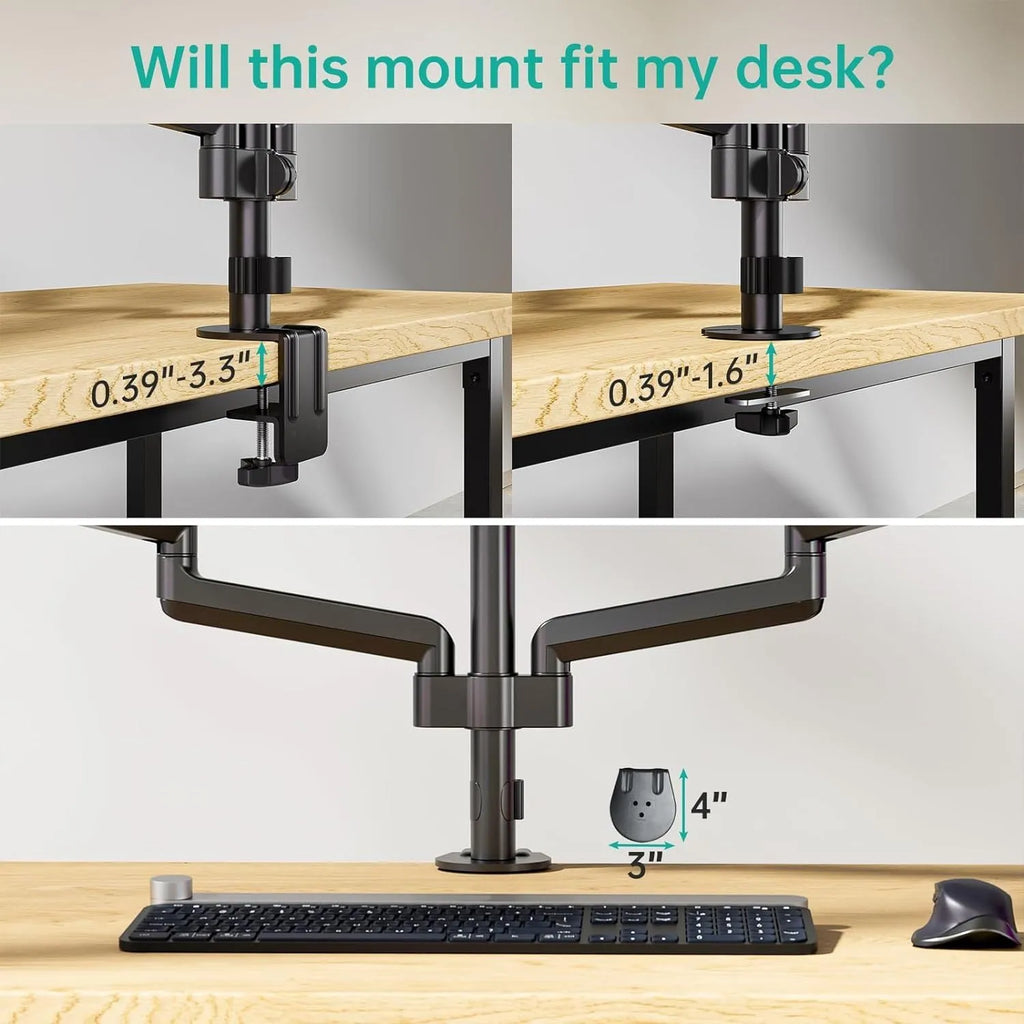 Black three-arm gas spring monitor mount holding a 27-inch screen above a desk.