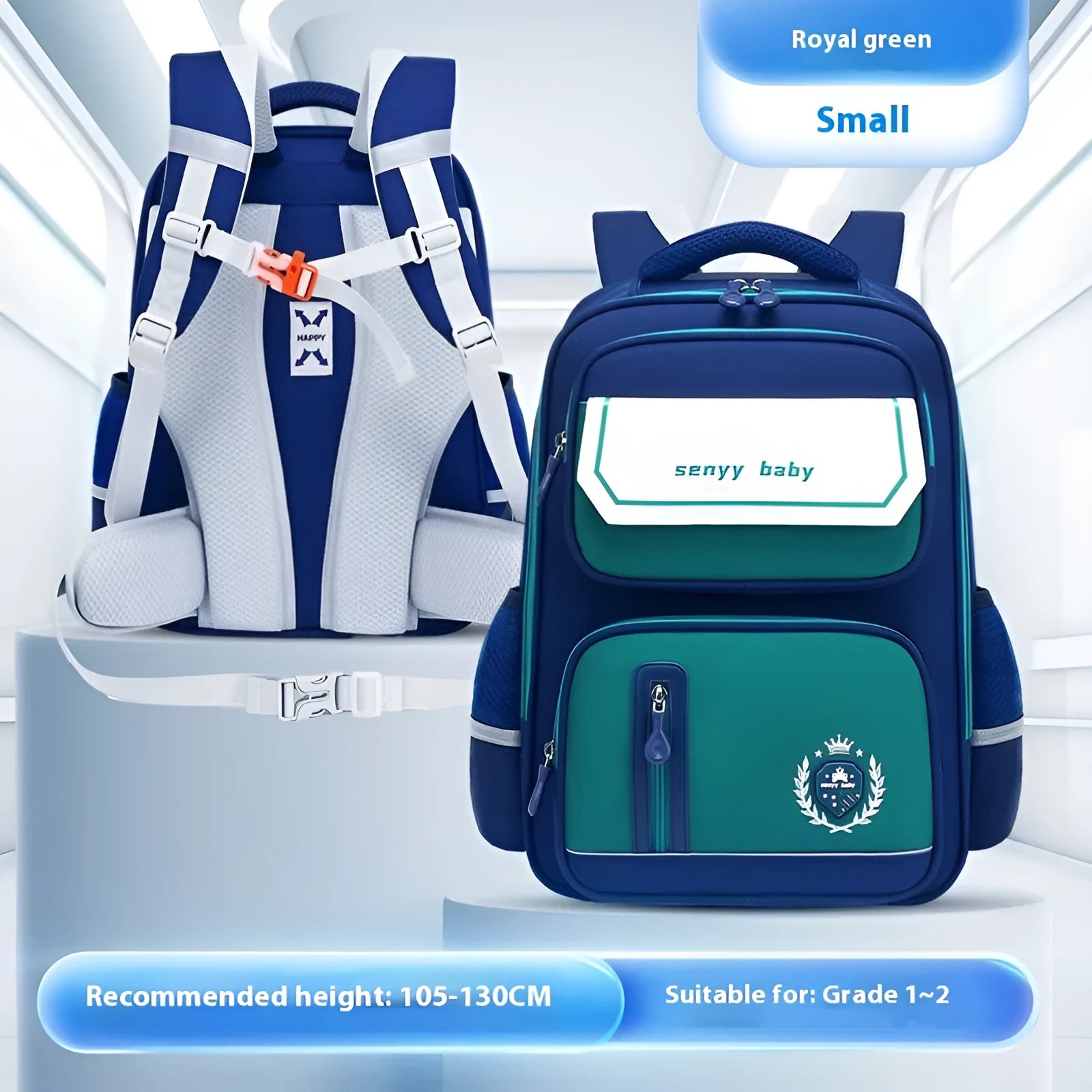 Children's spine protector backpack in blue, made of water-repellent Oxford cloth, size 38x30x15cm