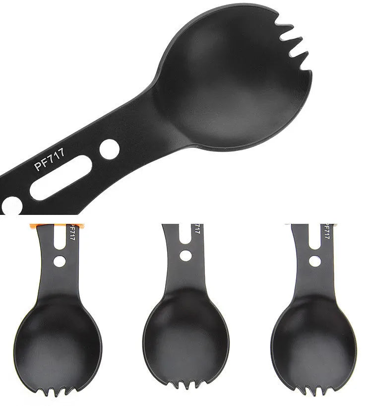 3Cr13 stainless steel outdoor spoon fork knife set with whistle 15.7cm camping tool black colour