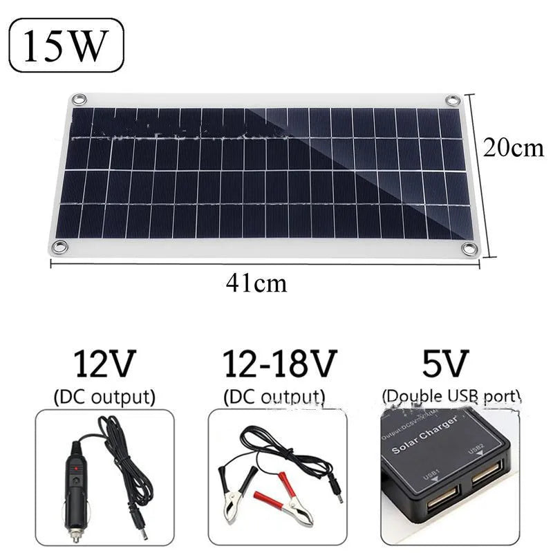 Outdoor solar panel with dual USB ports for charging mobile phones and tablets.
