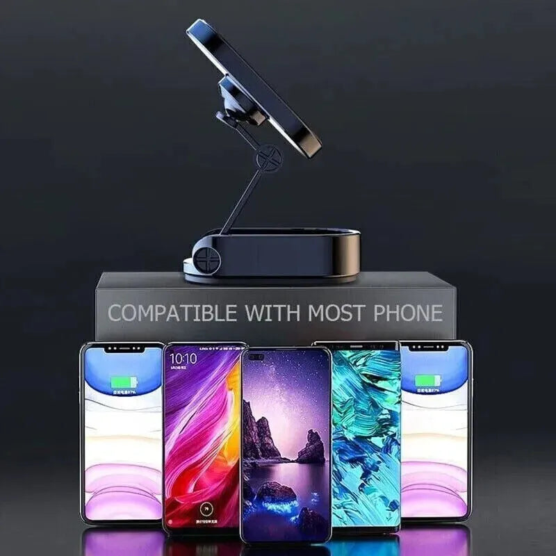 Chrome foldable magnetic car phone holder mounted on a dashboard, showing extended and retracted positions.