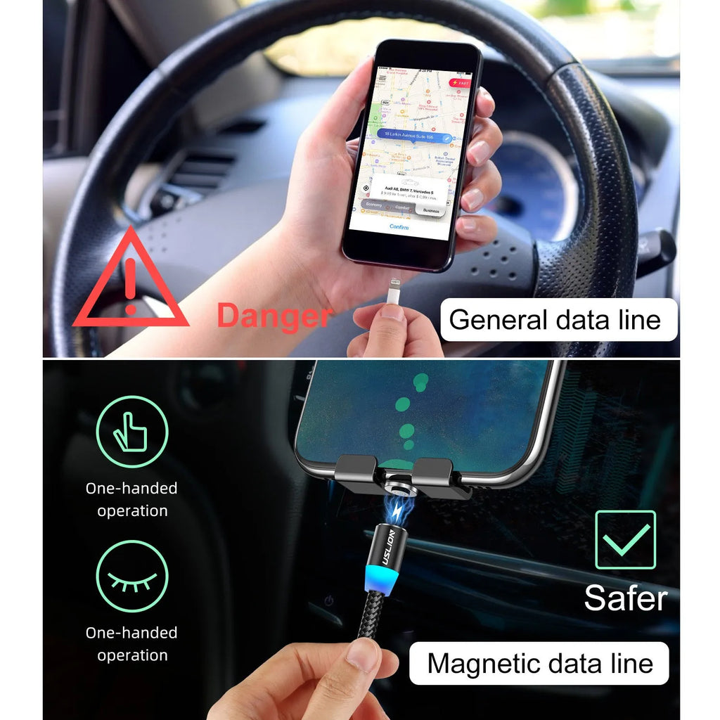 Magnetic three-in-one fast charging data cable with 2m length for iPhone and Android in black