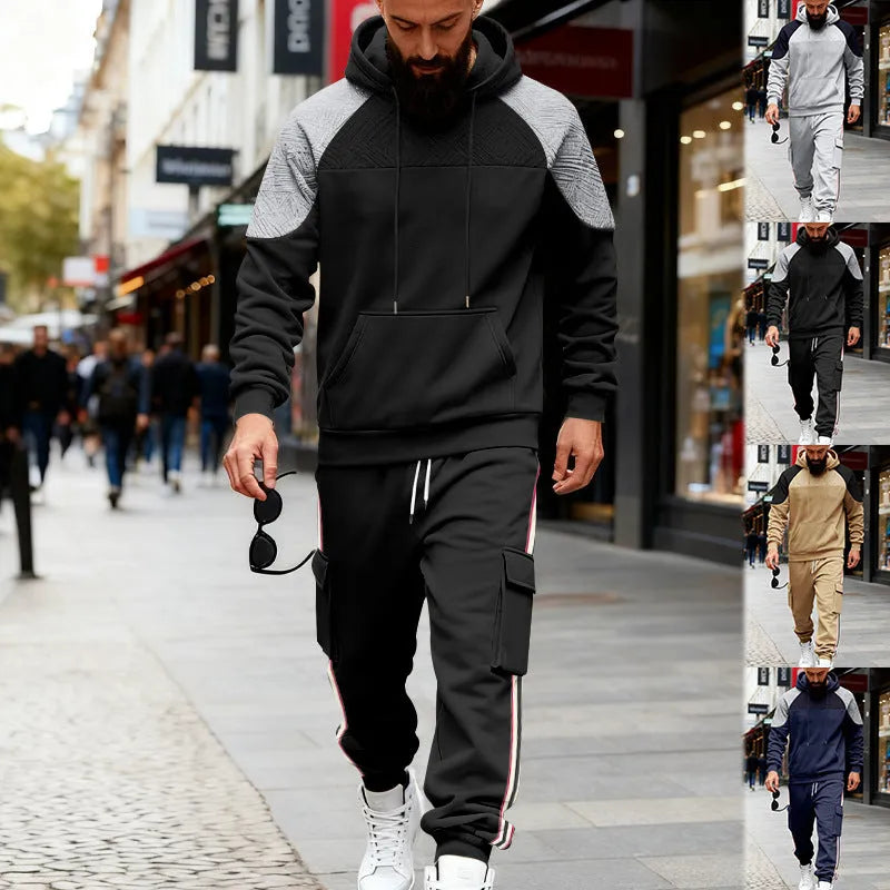 Loose colour-block polyester hoodie and matching sweatpants set in Black and other colour options