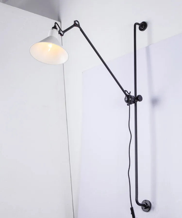 Nordic style rotating rocker arm wall lamp with black iron lampshade and warm bulb