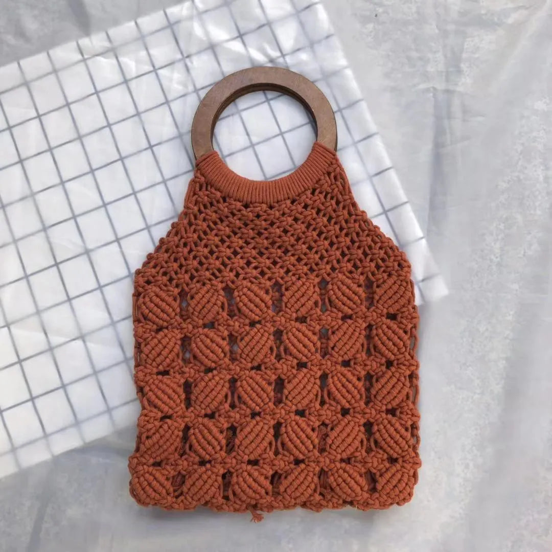 Handmade rope straw shoulder bag in solid colour with hard handle and cotton lining