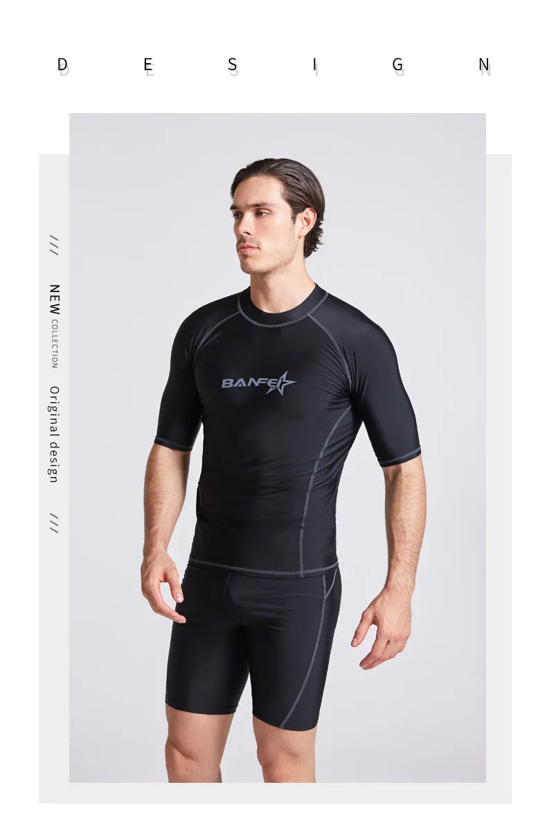 Men's quick-drying half sleeve swim top and pant set in nylon fabric on a white background.
