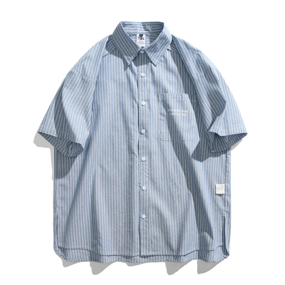 Blue striped short-sleeved overall shirt with loose fit cardigan style