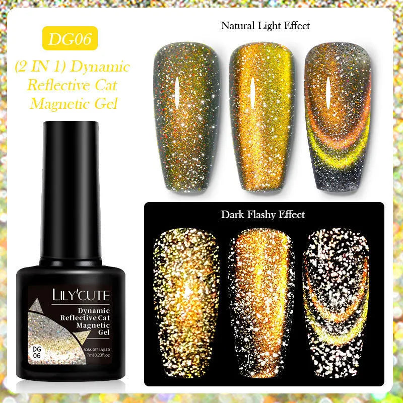 Cat eye nail polish gel bottles showing six colour options with diamond glitter fragments