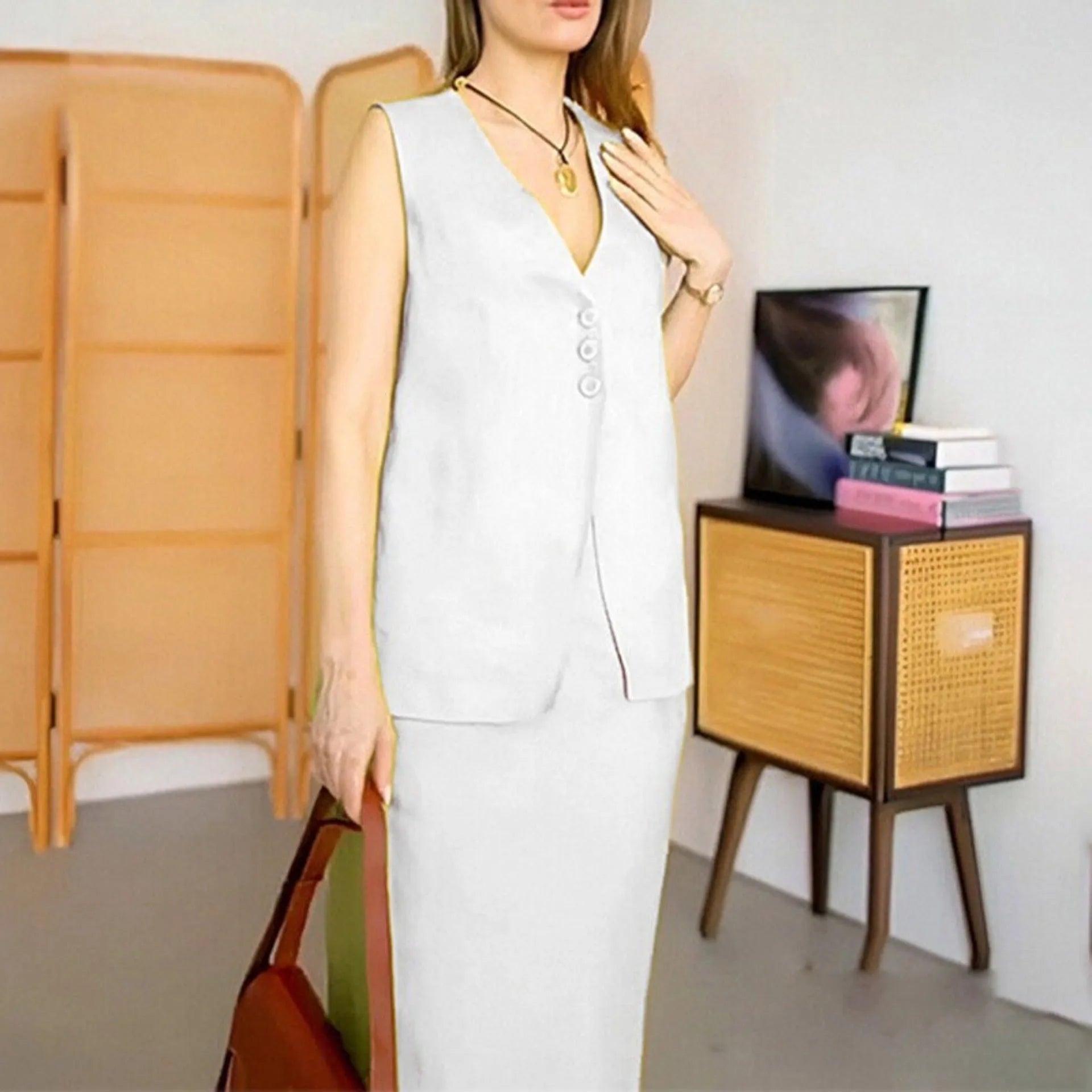 Women's casual two-piece suit set with sleeveless vest and long ankle-length skirt in polyester fabric