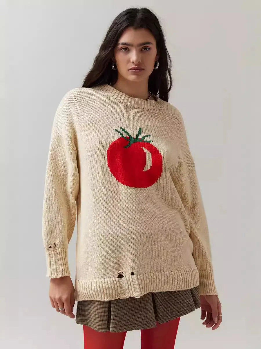Women's milky white acrylic round neck sweater with loose fit and Jacquard detailing