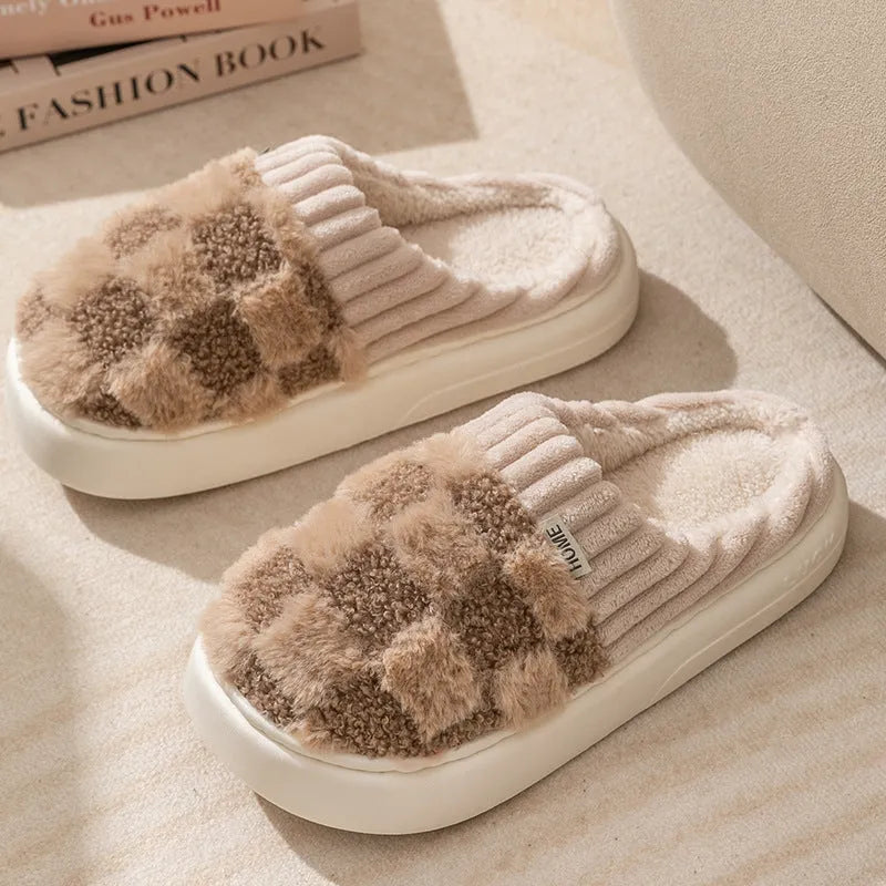 Women's plaid plush slippers with non-slip PVC sole in multiple colour options