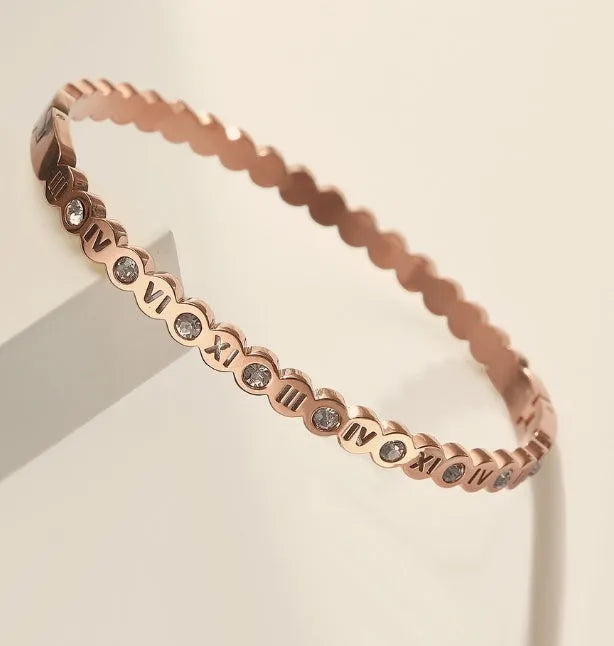 Korean style titanium steel bracelet with numeric decoration in gold, rose gold or steel electroplated finish