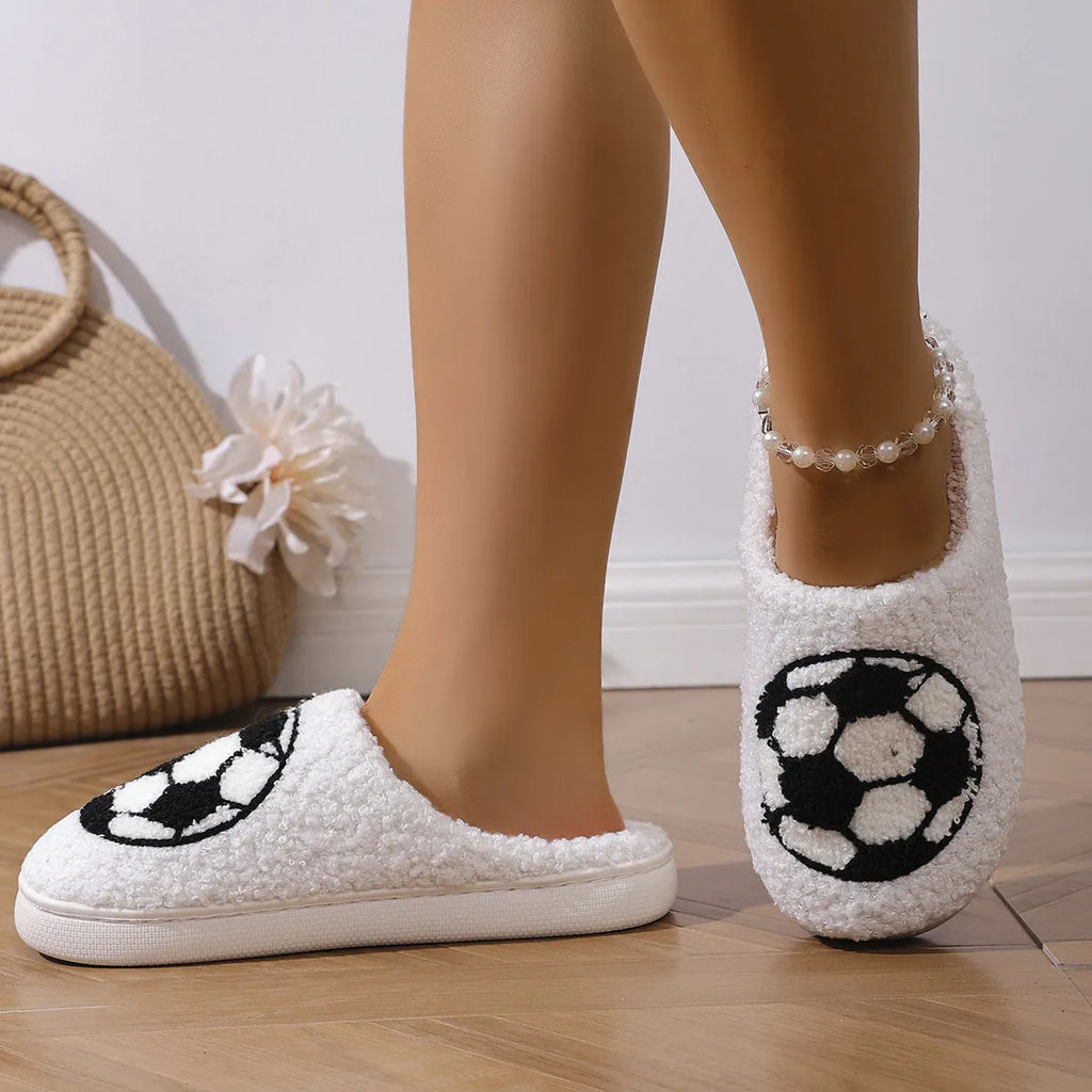 White interior thermal cotton slippers with ethnic totem pattern, plush upper, and round toe