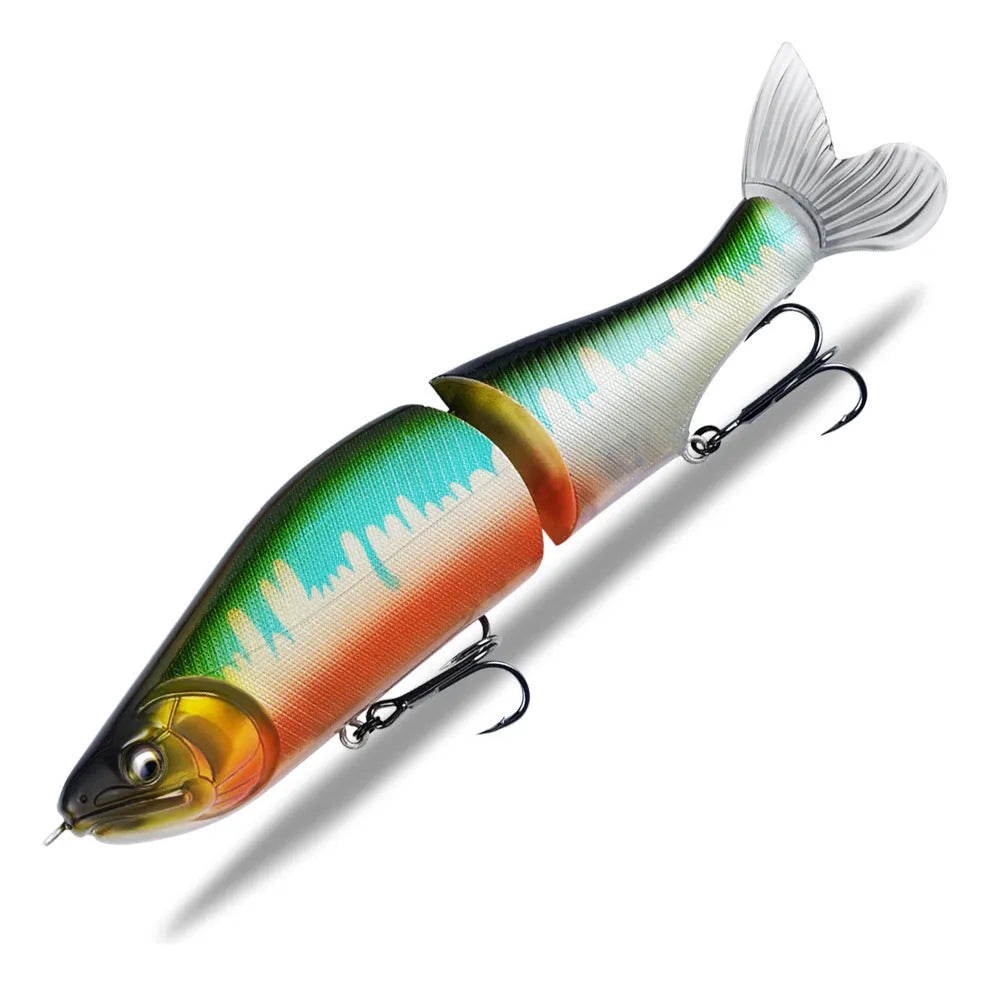 185mm plastic bass fishing swimming bait showing colour options and length measurement