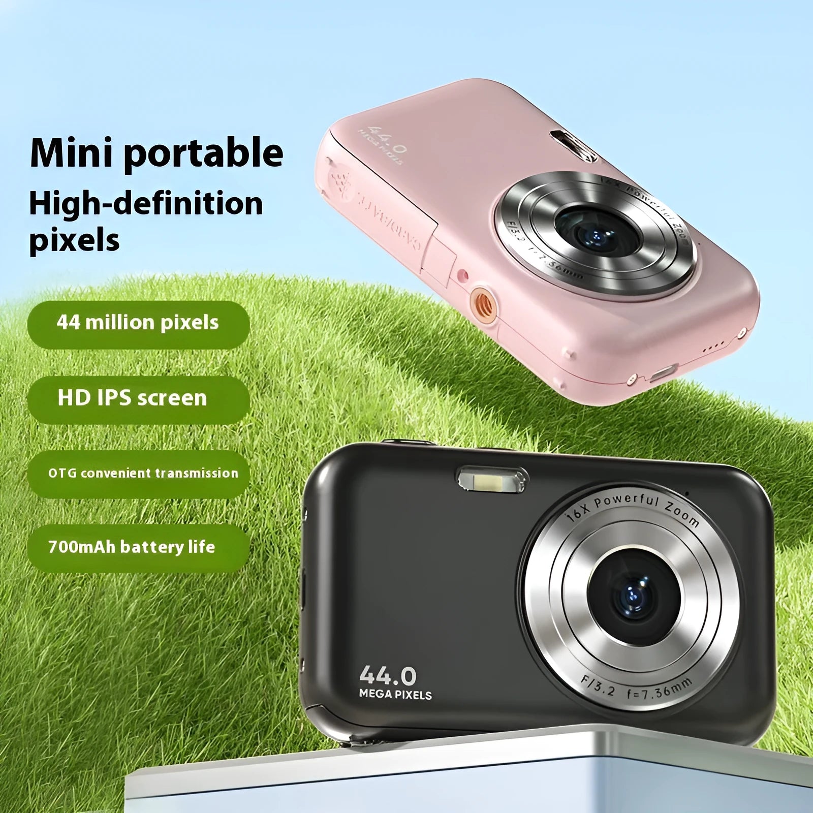 Children's digital camera in black, green, pink, or purple with 2.4-inch screen and lens.