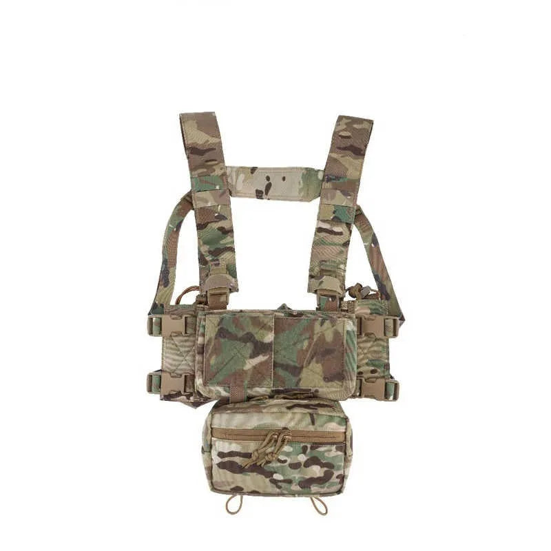 Multifunctional expandable breathable chest mount vest in Cordura fabric, unisex one size fits all, side view with gear pouches