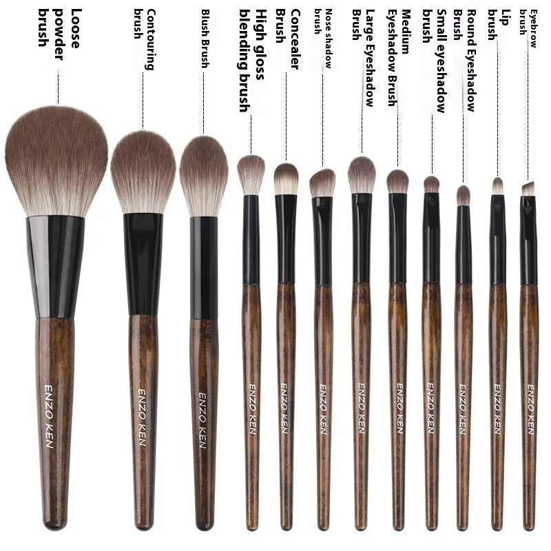 12-piece makeup brush set with wooden handles in black PU roll-up case