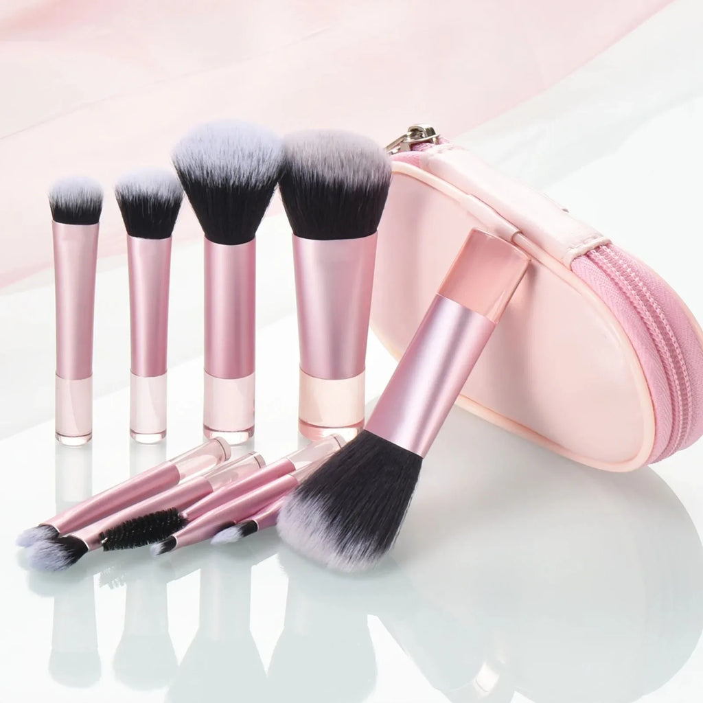Mini makeup brush set with storage bag, artificial fibre and goat hair bristles, long handle, and air cushion puff