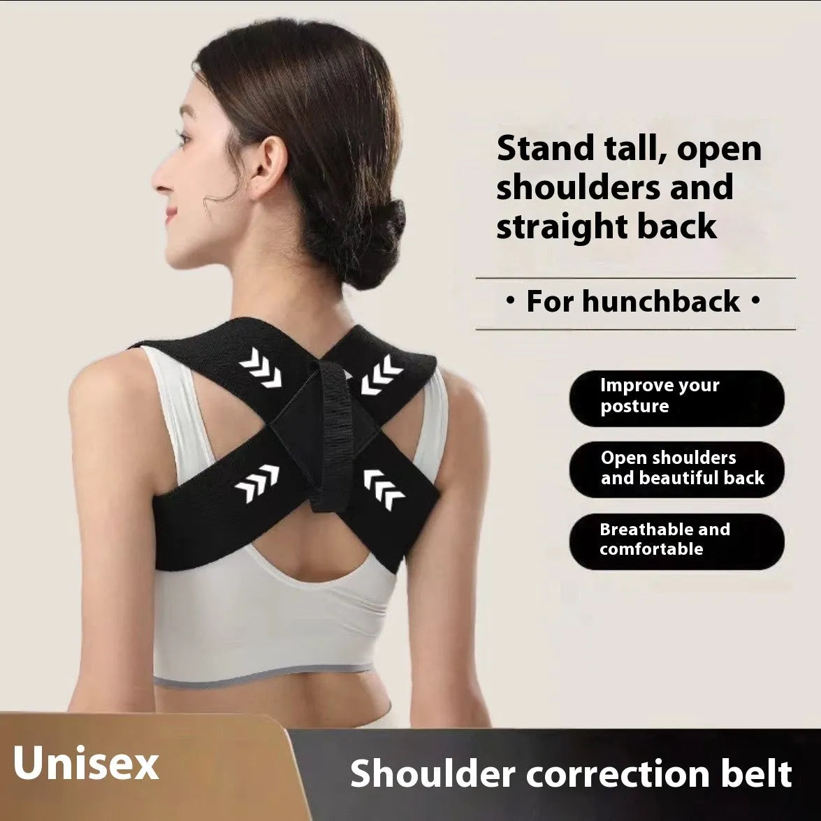 Adult posture corrector brace made of linen woven fabric in black, open shoulder design, available in sizes XS to XXL for men and women