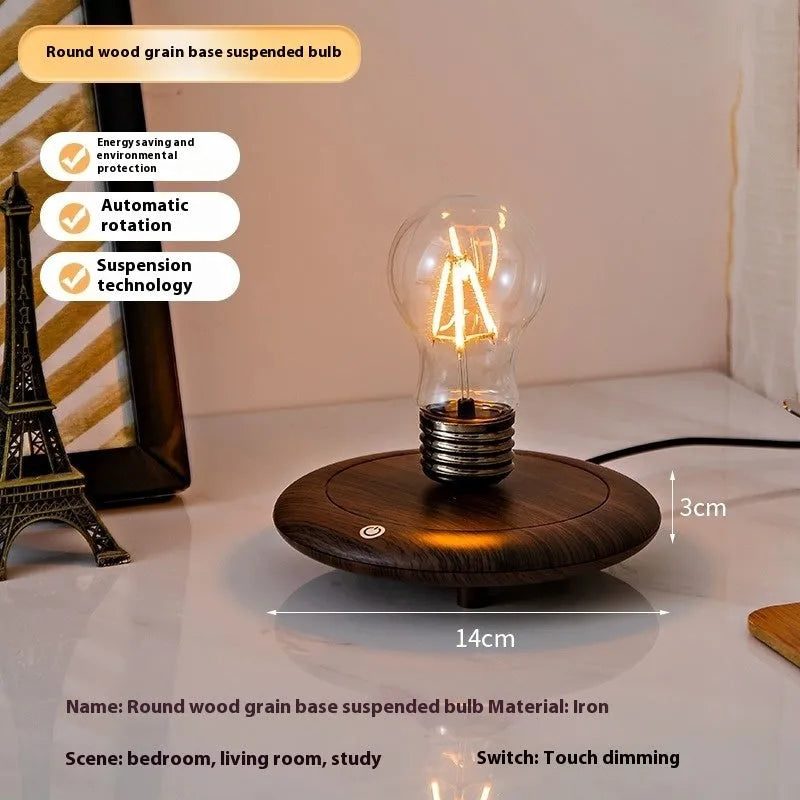 Iron suspension bulb night lamp on black wood grain base for desktop decoration
