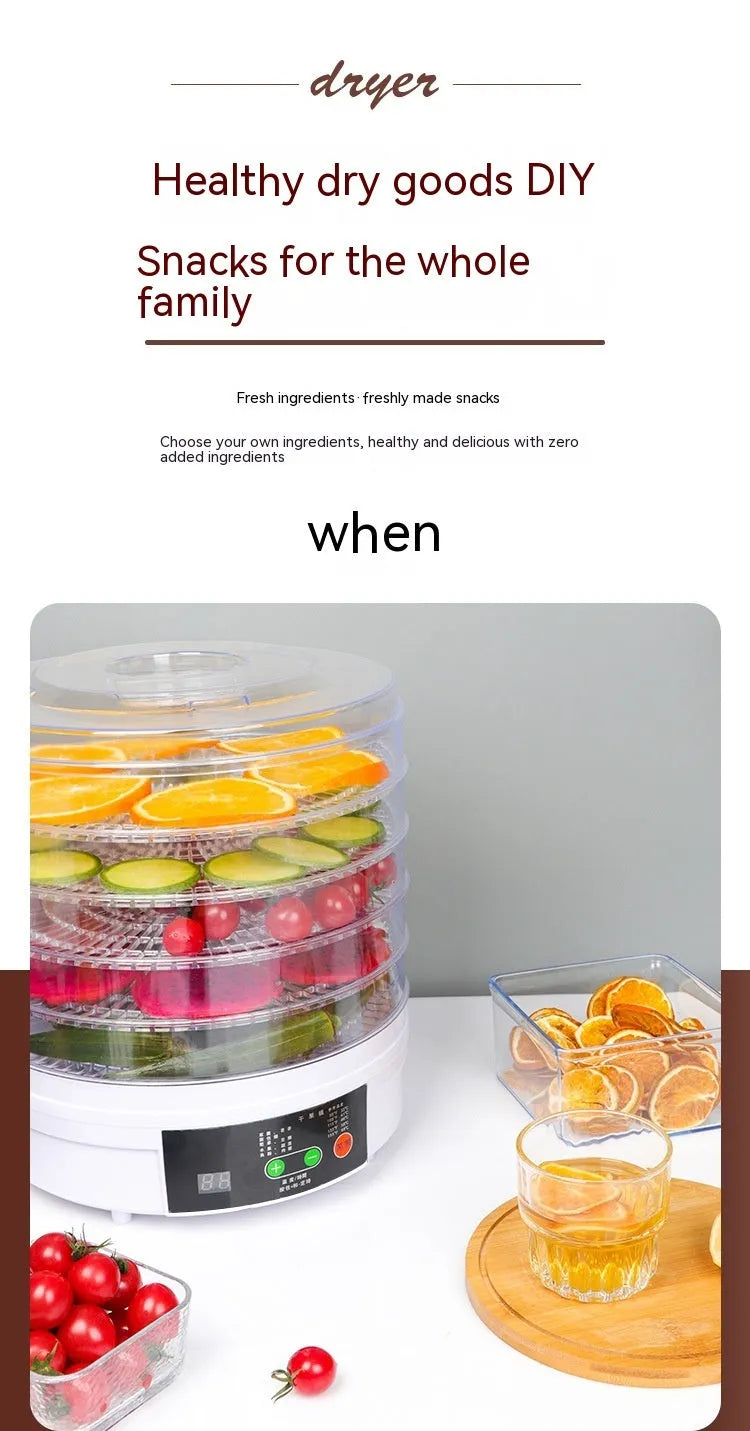 Household food dehydrator appliance with multiple stacked drying shelves on a countertop