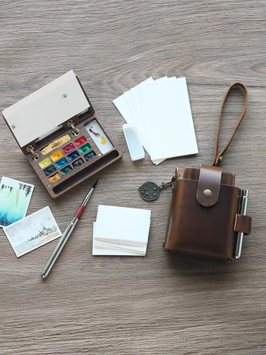 Mini walnut wooden watercolour paint box with professional pigment suit inside