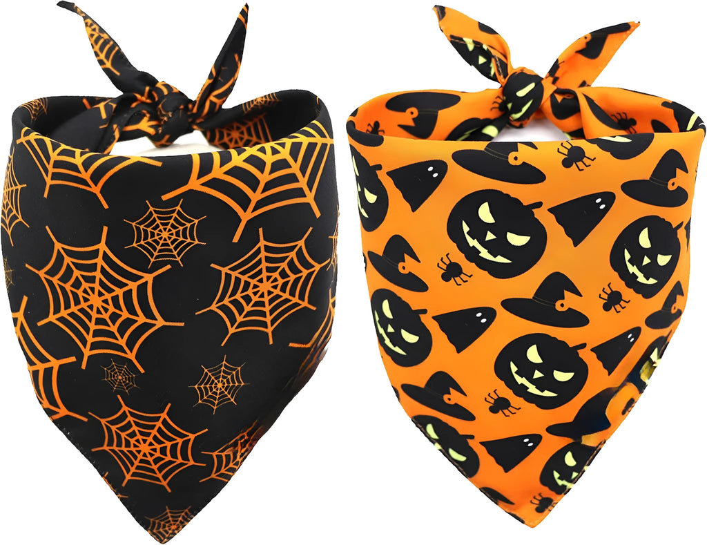 Black and orange reversible Halloween dog bandana with pumpkin and spider web patterns, showing adjustable neck strap.