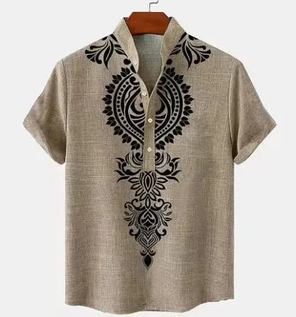 Men's loose fit striped casual button-down shirt in a handsome colour option on a hanger.