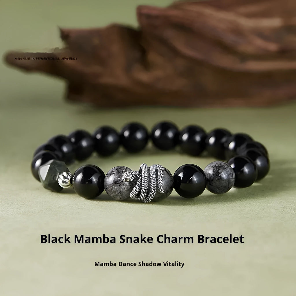Black S925 sterling silver bracelet with snake modelling and obsidian stone details