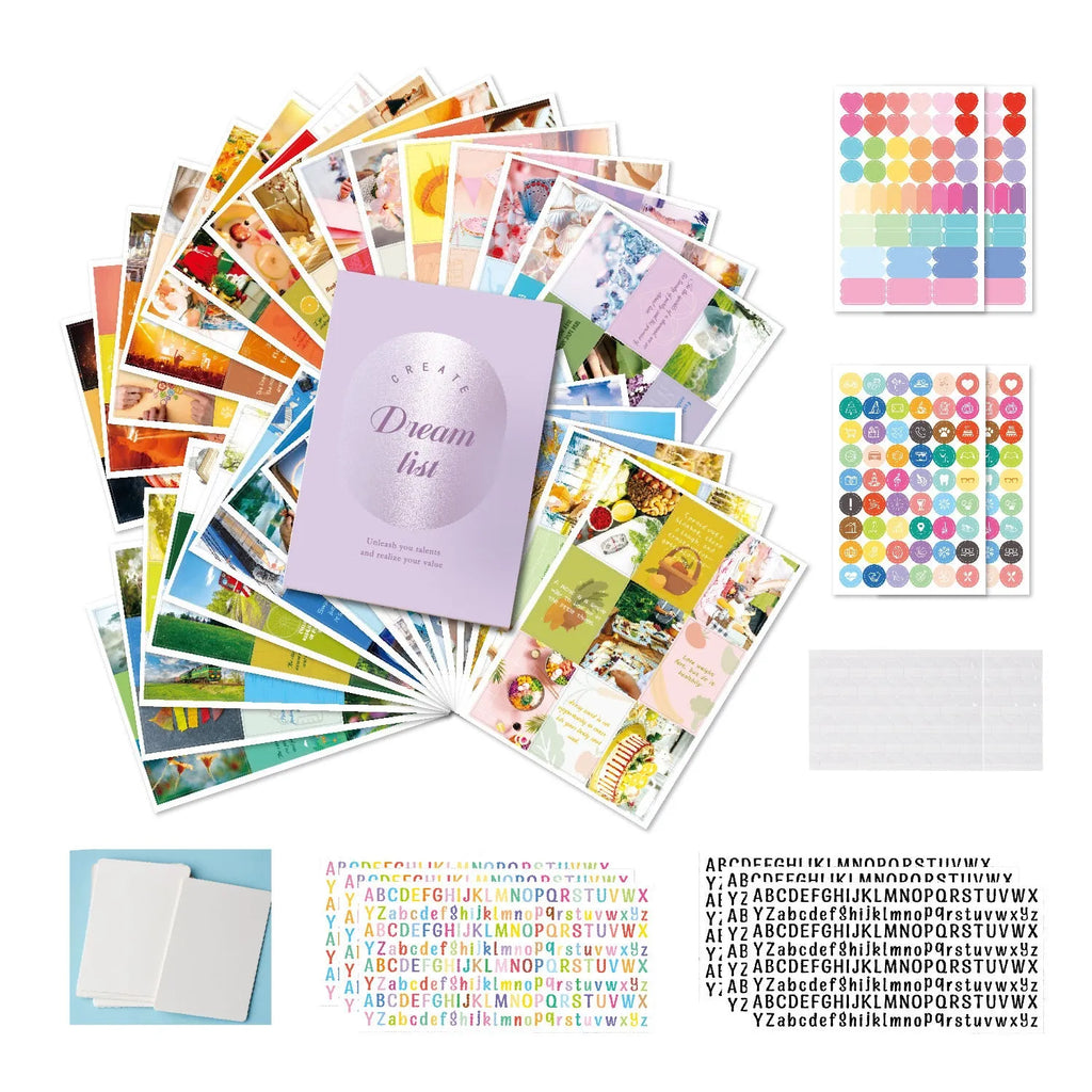 Paper vision board set with dream cut letter stickers in purple, pink, light green, blue, and light yellow options