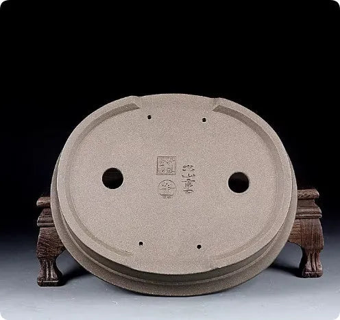 Handmade antique oval purple sand clay bonsai pot showing shallow 6.3cm height profile.