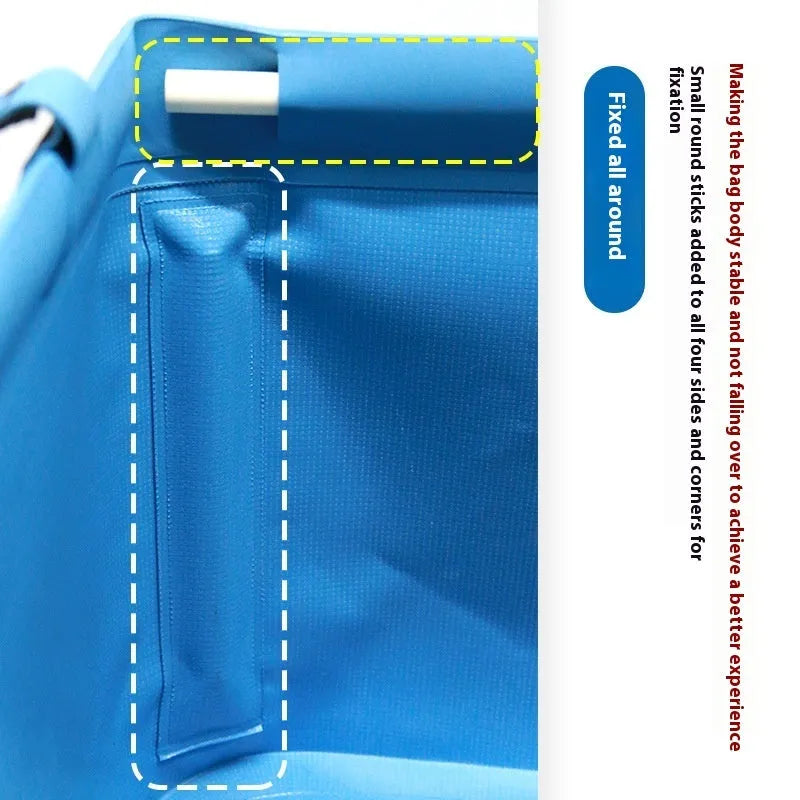 Square folding fishing bucket in outdoor setting, multi-colour coated design with handle