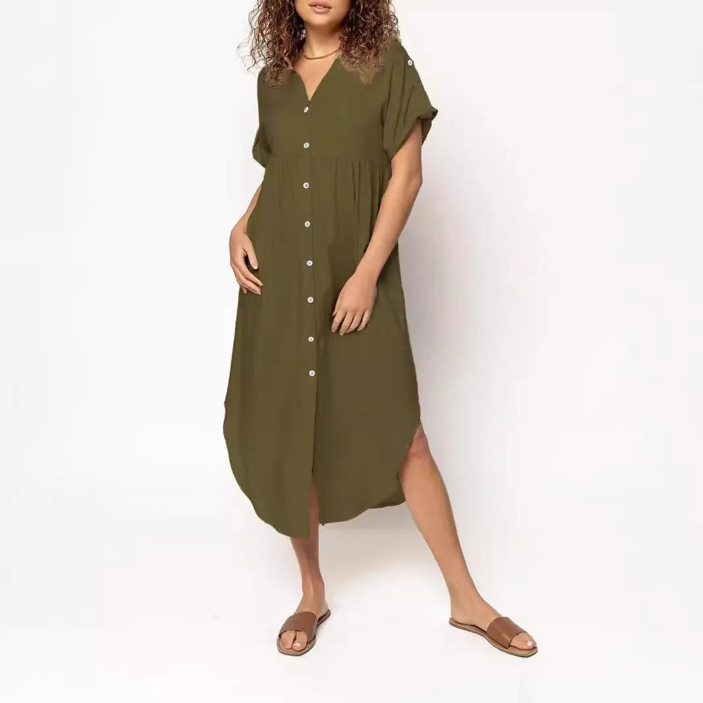 Casual solid colour mid-length dress with button front closure on a hanger.