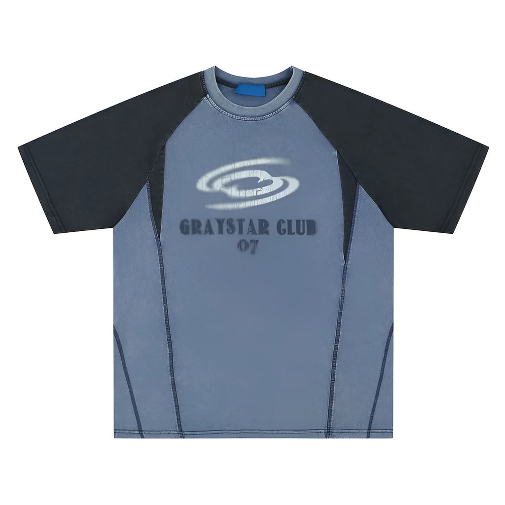 Men's blue hip hop letter print t-shirt with raglan sleeves on hanger