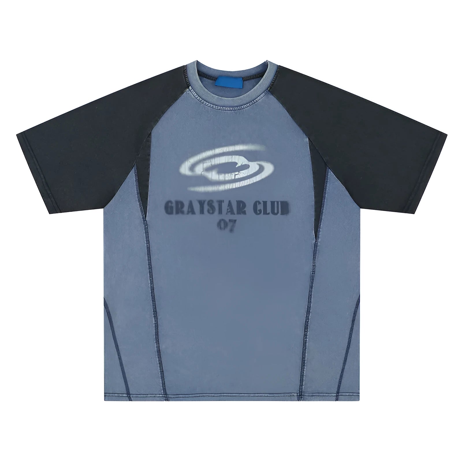Men's blue hip hop letter print t-shirt with raglan sleeves on hanger