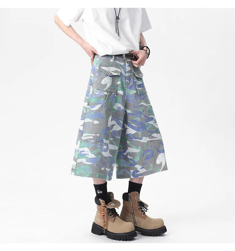 Women's camouflage colour cropped denim trousers with straight leg workwear style and front pocket