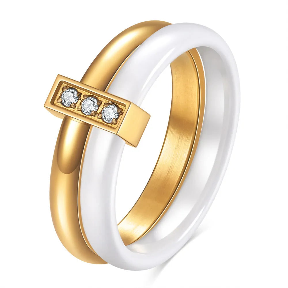 Women's ceramic ring with 6mm wide band and glossy zirconium inlay in steel black finish.