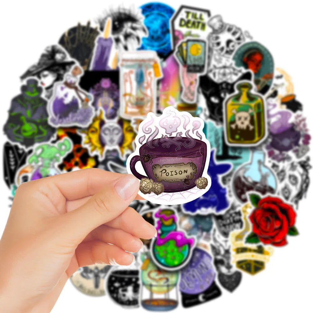 Pack of 50 assorted glossy waterproof PVC stickers for laptops and smooth surfaces.