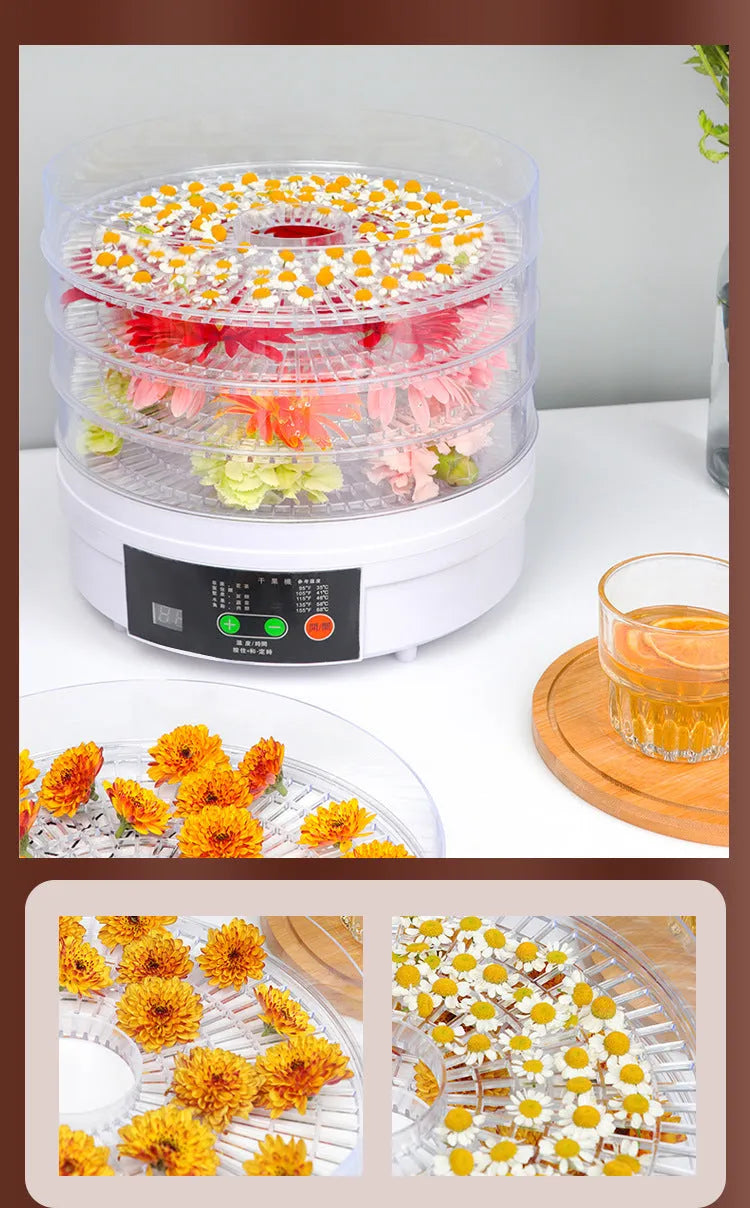 Household food dehydrator appliance with multiple stacked drying shelves on a countertop