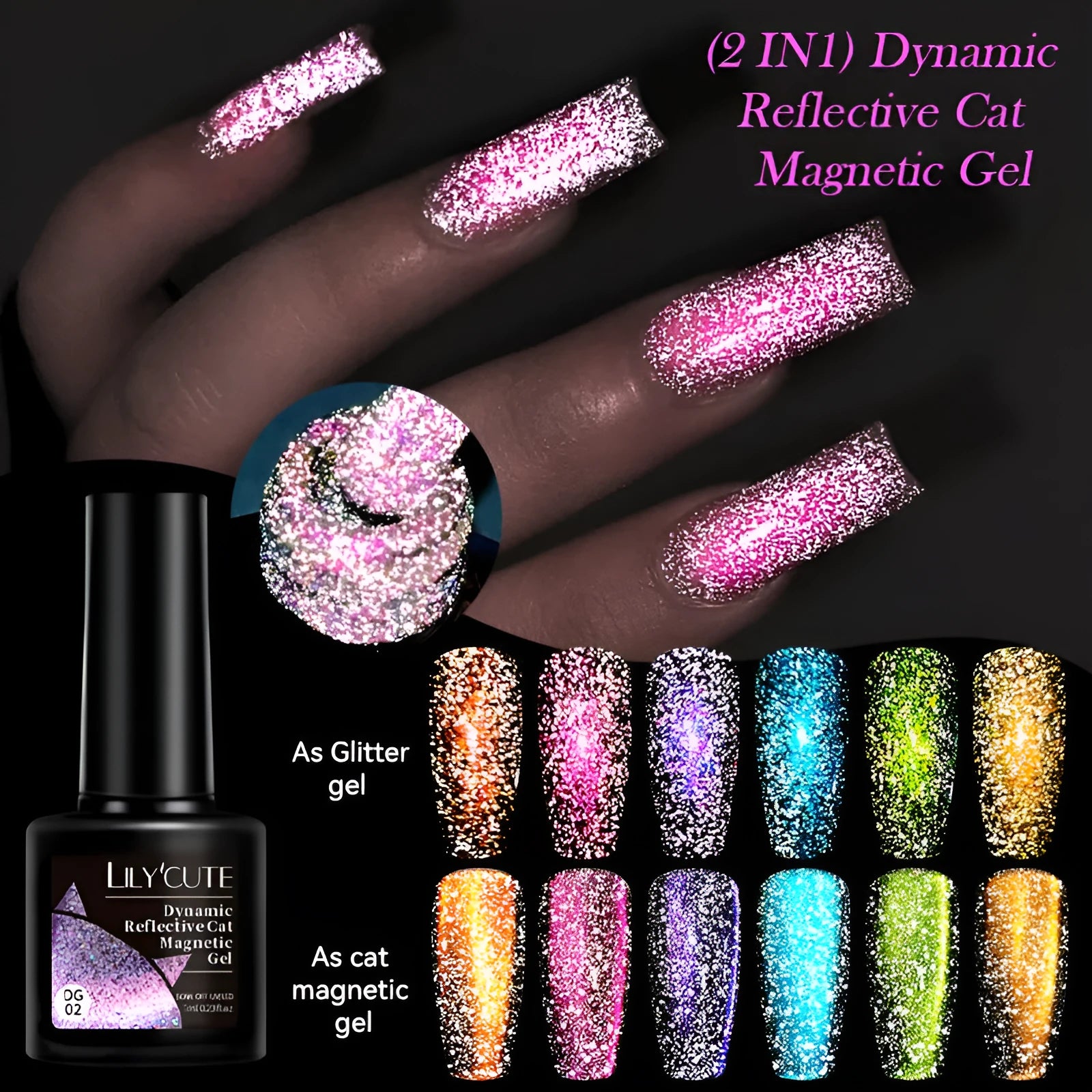 Cat eye nail polish gel bottles showing six colour options with diamond glitter fragments
