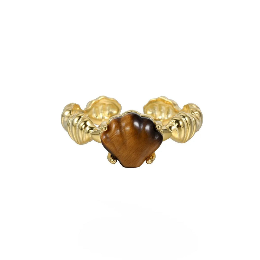 Adjustable silver ring with shell and tiger eye stone in white gold electroplated finish
