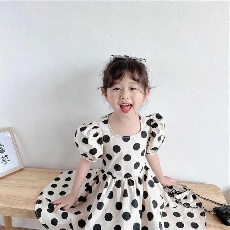 Girls' polka-dot self-tie waist cotton summer dress in graph colour with short sleeves and princess style