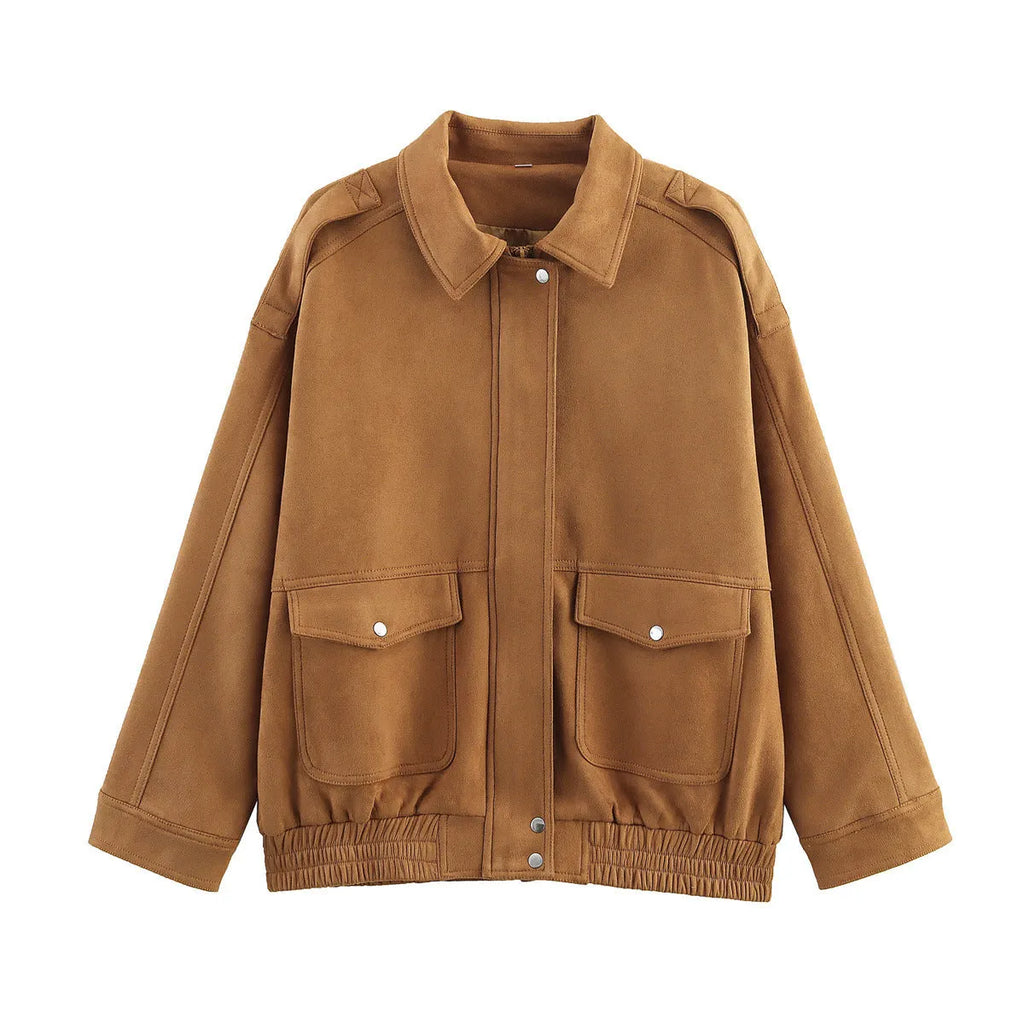 Casual suede textured jacket with pocket decoration, loose fit, long sleeves, brown and khaki colours, front view